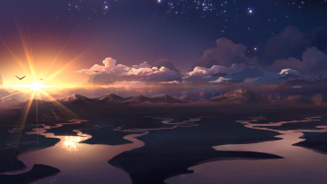 Картинка рисованные природа горы реки облака восход птицы
