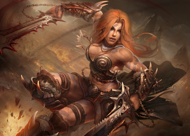 Обои картинки фото фэнтези, девушки, barbarian, женщина, diablo, грудь, меч, воин