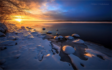 Картинка природа восходы закаты снег море камни вечер