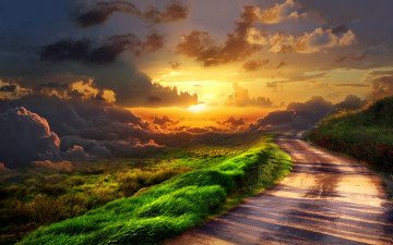 Картинка природа дороги солнце тучи закат облака дорога