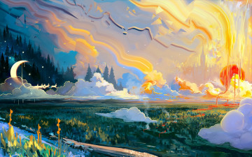 Картинка рисованное природа живопись пейзаж луна ночь звезды олени птицы солнце день трава облака
