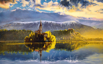 Картинка рисованное природа живопись пейзаж вода отражение горы деревья облака небо