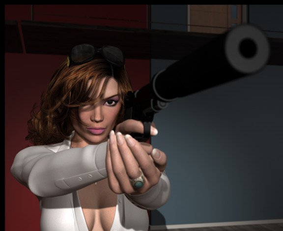 Обои картинки фото spy game, 3д графика, фантазия , fantasy, взгляд, девушка, оружие, фон