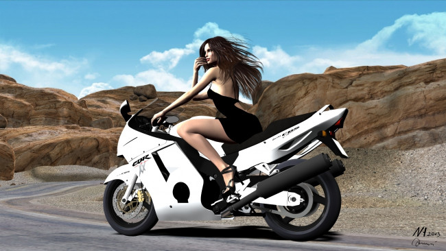 Обои картинки фото 3д графика, люди-авто, мото , people- car ,  moto, девушка, взгляд, фон, мотоцикл
