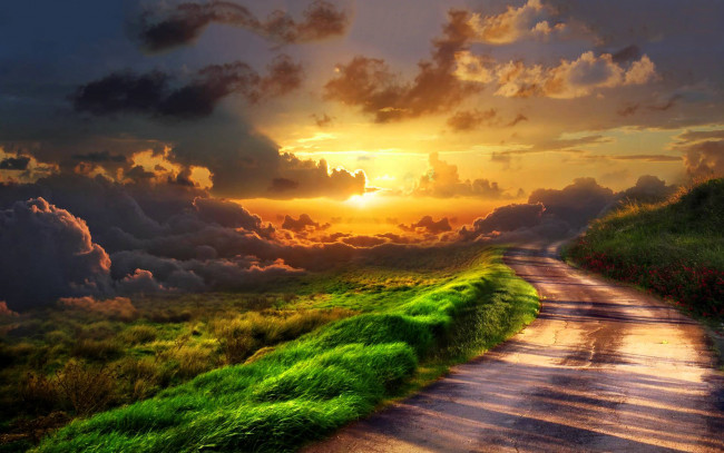 Обои картинки фото природа, дороги, солнце, тучи, закат, облака, дорога