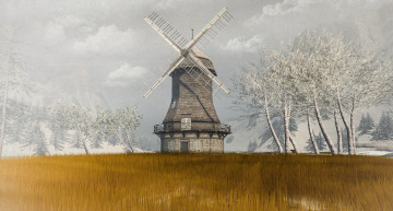 Картинка рисованное -+другое поле деревья ветряк мельница