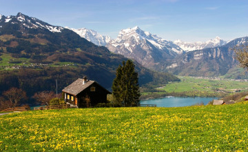 Картинка природа пейзажи горы дом луг цветы озеро