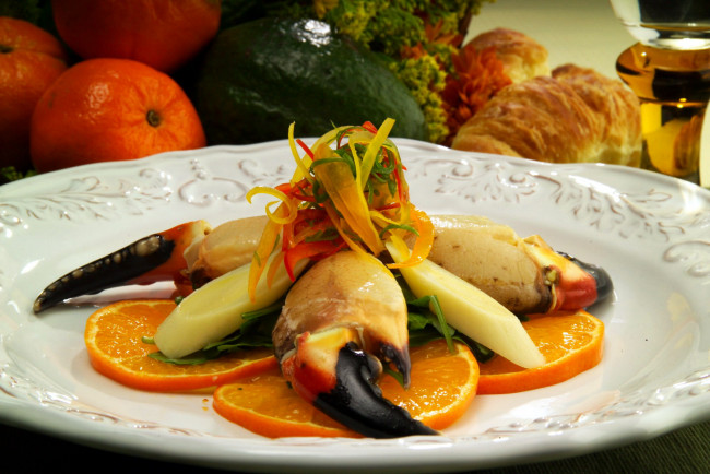 Обои картинки фото еда, рыбные блюда,  с морепродуктами, апельсины, краб