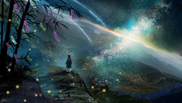 Картинка аниме пейзажи +природа небо млечный путь ночь мужчина дерево природа горы фэнтези
