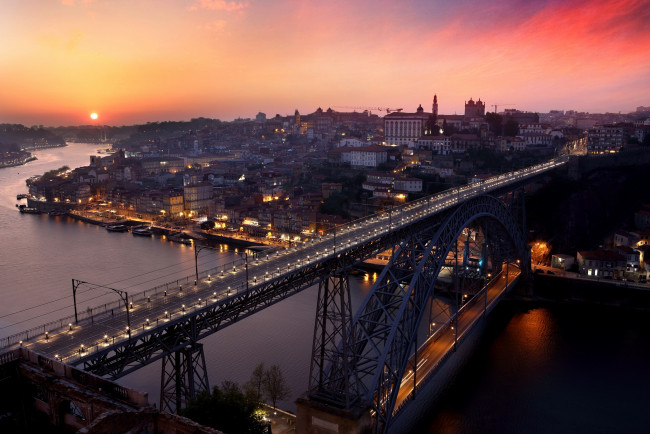 Обои картинки фото города, - мосты, porto, sunset, ponte, luiz, город, закат