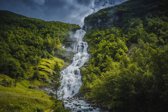 Обои картинки фото водопад в норвегии, природа, водопады, норвегия, водопад, холм, вода, течение, лес