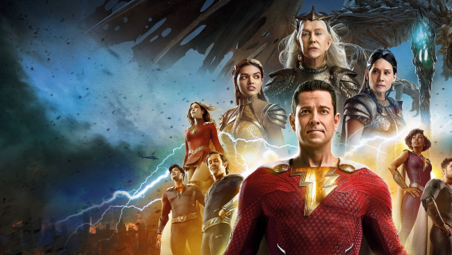 Обои картинки фото shazam,  fury of the gods ,  2023 , кино фильмы,  fury of the gods, шазам, ярость, богов, фэнтези, боевик, триллер, комедия, криминал, zachary, levi, jack, dylan, grazer, rachel, zegler, lucy, liu, djimon, hounsou, helen, mirren