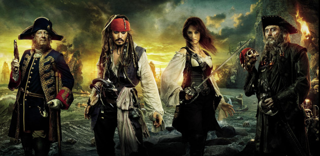 Обои картинки фото pirates, of, the, caribbean, on, stranger, tides, кино, фильмы, captain, jack, sparrow, angelica, hector, barbossa