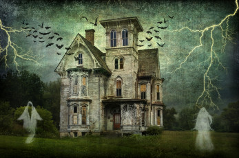 Картинка фэнтези призраки привидения паутина летучие мыши замок