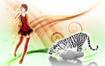 обоя аниме, animals, тигр, девушка