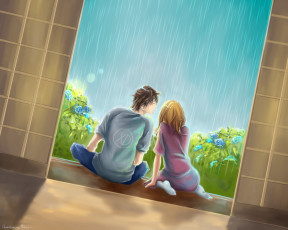 Картинка аниме *unknown+ другое арт nakamura miharu парень девушка порог дождь гортензии