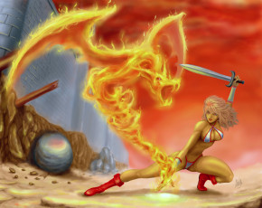 Картинка фэнтези красавицы+и+чудовища огненный меч девушка стена крепостная схватка призрак