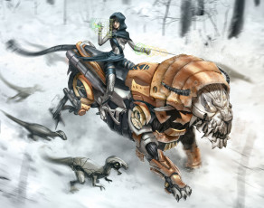 Картинка фэнтези роботы +киборги +механизмы девушка динозавры тигр робот киборг
