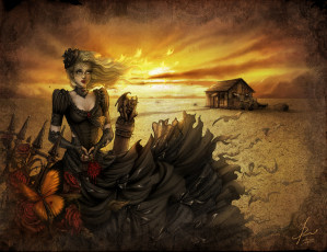 Картинка фэнтези девушки траур цветы солнце закат девушка машина пустыня дом