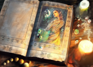 Картинка фэнтези эльфы эльф девушка книга стол камни драгоценные рисунок