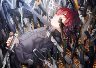 Картинка аниме -weapon +blood+&+technology парень ножи холодное оружие красные волосы взгляд