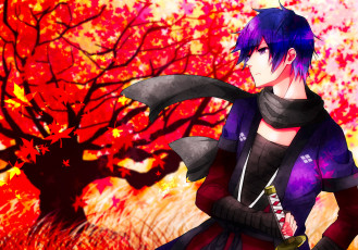 Картинка аниме vocaloid оружие меч катана осень листопад дерево листья парень kaito вокалоид