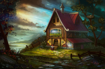 Картинка рисованные живопись домик гном деревья река
