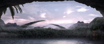 Картинка фэнтези фотоарт озеро мир иной пейзаж лес пещера