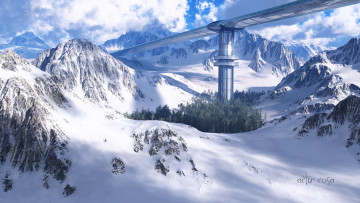 Картинка 3д+графика природа+ nature люди путники снег горы сооружение мост