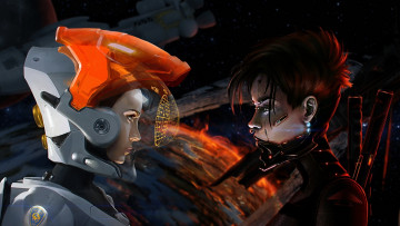 Картинка фэнтези девушки астронавт киборг мечи шлем скафандр