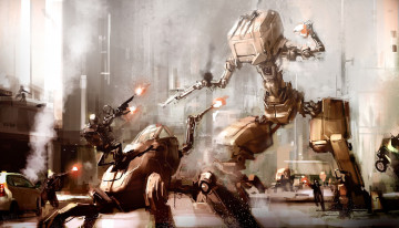 Картинка фэнтези роботы +киборги +механизмы битва будущее схватка
