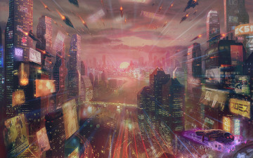 Картинка аниме -weapon +blood+&+technology другой мир небо здания закат солнце арт город реклама облака