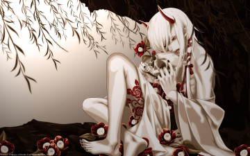 Картинка аниме demons+ другое ветви цветы демон дерево cilou парень кимоно тату рожки череп
