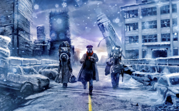 Картинка фэнтези люди арт романтика апокалипсиса город машины снег рюкзаки