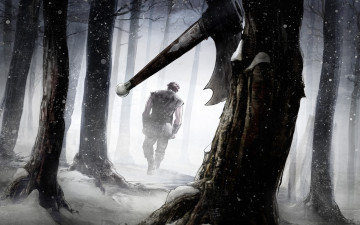 Картинка фэнтези люди лес зима мужчина топор дерево снег