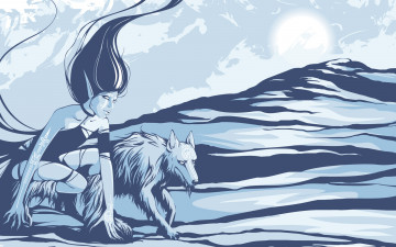Картинка рисованные -+другое волк девушка горы