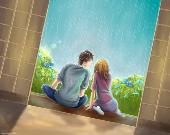 Обои картинки фото аниме, *unknown , другое, арт, nakamura, miharu, парень, девушка, порог, дождь, гортензии