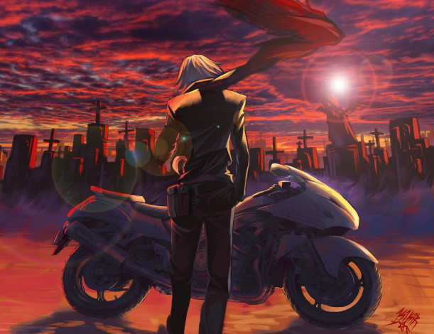 Обои картинки фото аниме, -weapon,  blood & technology, мотоцикл, парень, kikira, арт, кладбище, облака, небо, шарф, закат, солнце, кресты