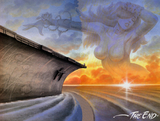 Обои картинки фото фэнтези, корабли, корабль, солнце, закат, девушка, облака, море