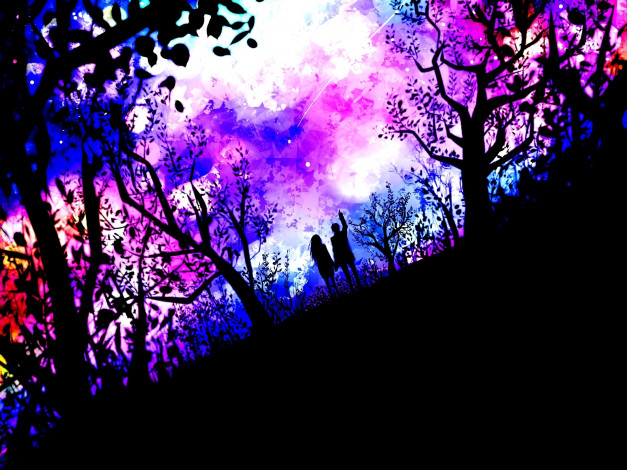 Обои картинки фото аниме, *unknown , другое, природа, деревья, звезды, пара, двое, парень, девушка, yoshinaga, арт