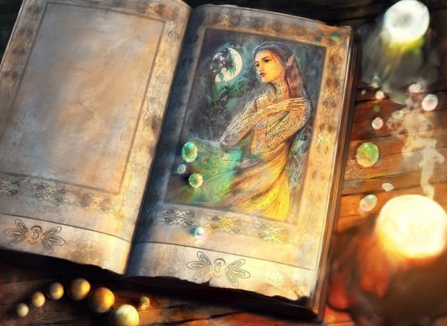 Обои картинки фото фэнтези, эльфы, эльф, девушка, книга, стол, камни, драгоценные, рисунок