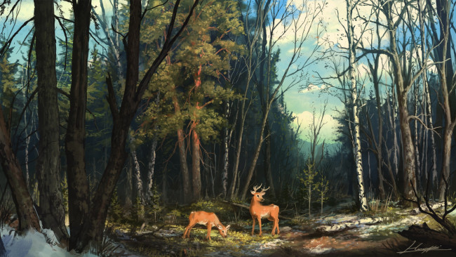 Обои картинки фото рисованные, живопись, лес, олени
