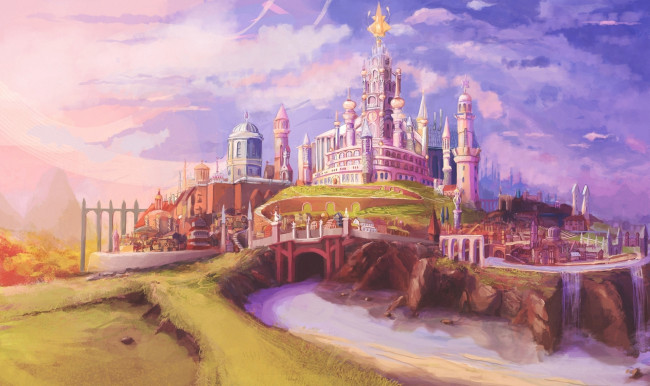 Обои картинки фото рисованные, города, замок, шпили, река