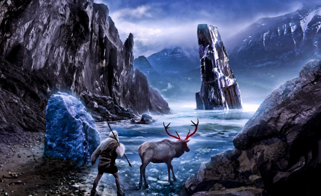 Обои картинки фото фэнтези, люди, романтика, апокалипсиса, alexiuss, льды, льдины, лед, животное, олень, человек, озеро, копье