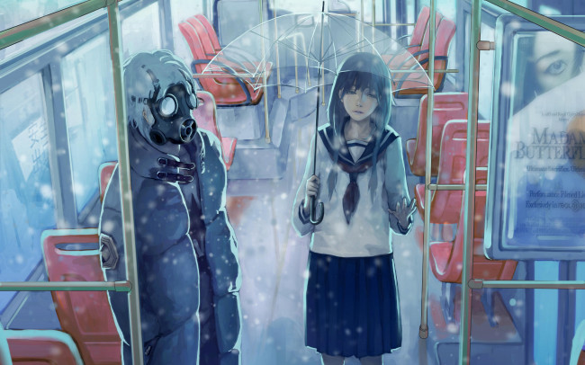 Обои картинки фото аниме, *unknown , другое, снег, зонт, транспорт, девушка, школьная, форма, парень, противогаз