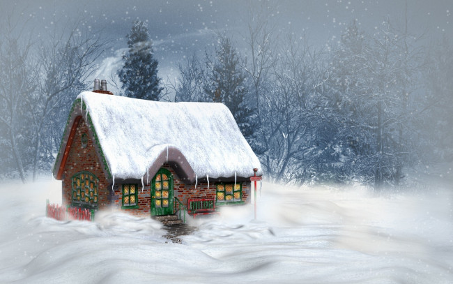 Обои картинки фото рисованные, города, домик, снег