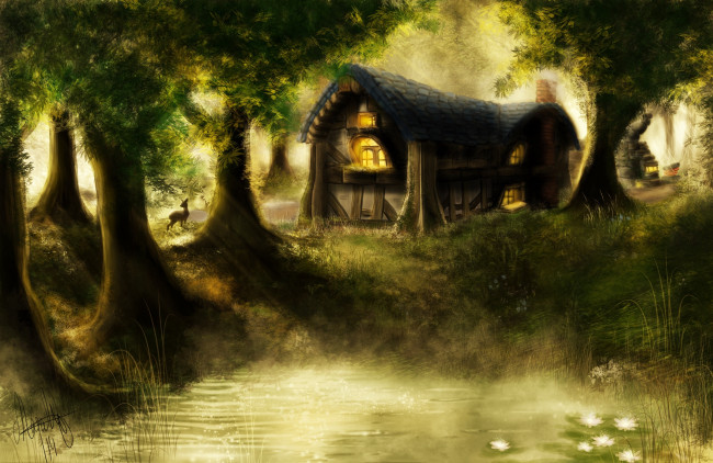 Обои картинки фото рисованные, живопись, домик, лес, олень