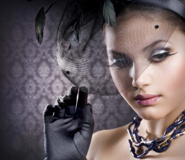 Картинка девушки -unsort+ лица +портреты листочки сеточка шляпка крупный план макияж красотка лицо ожерелье перчатки
