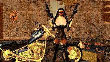 обоя видео игры, dark heresy, монашка, оружие, мотоцикл, фон, взгляд, девушка