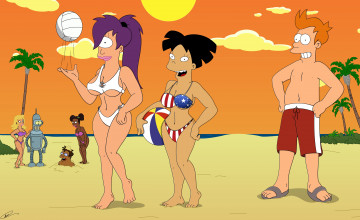 Картинка мультфильмы futurama облака море пальмы пляж персонажи